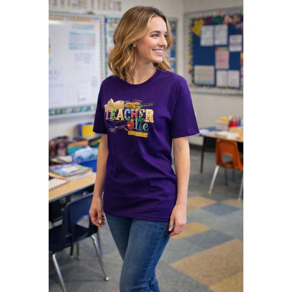 Gildan Heavy Cotton Purple Teacher Life Graphic T-Shirt Women Large Short Sleeve - Picture 3 of 7